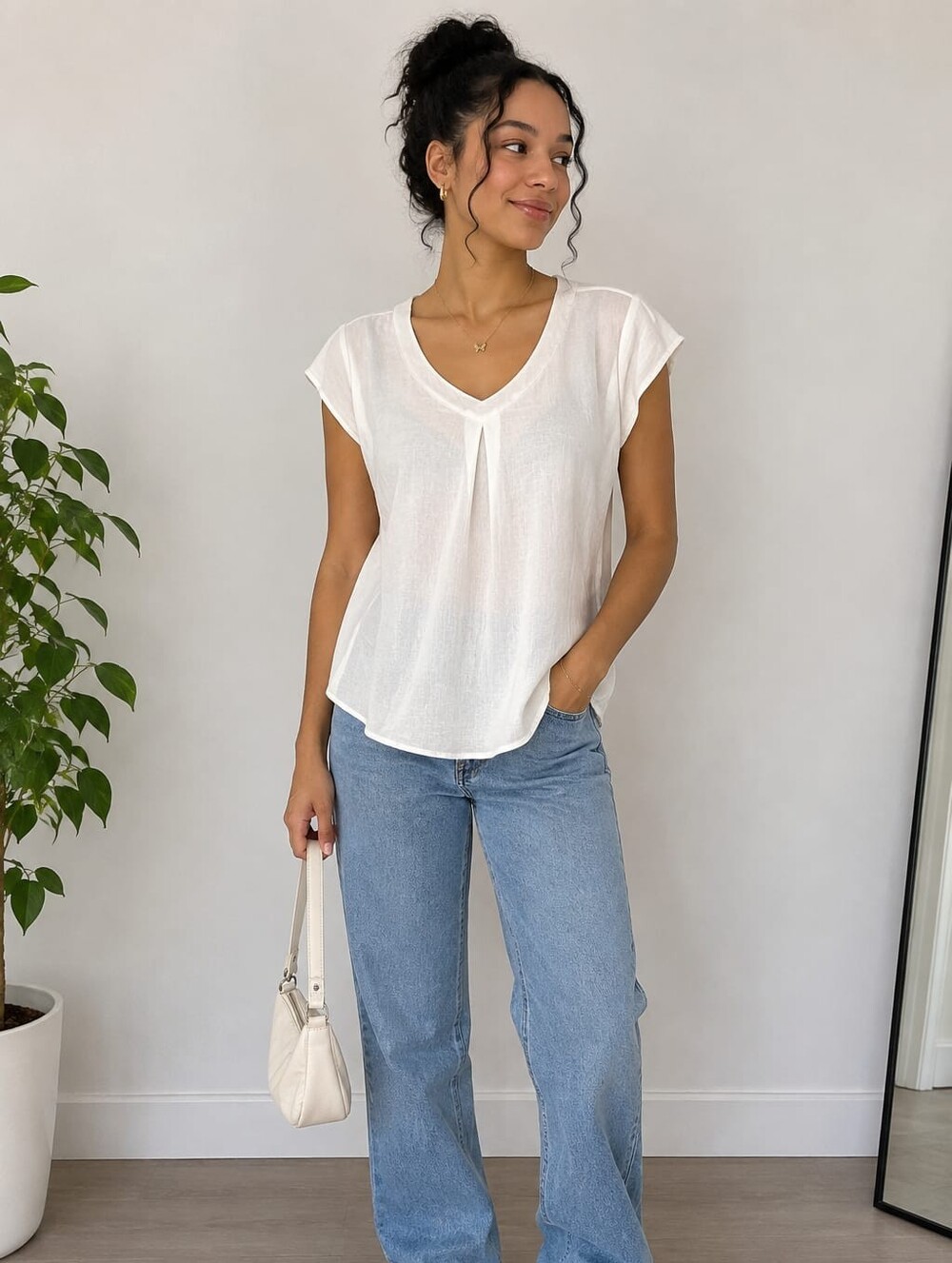 Classic V-Neck Cap Sleeve Women's Top - White